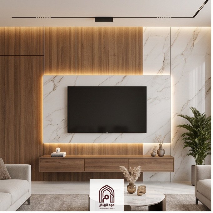 فني تركيب ديكور شاشات في الرياض ينفذ ديكور تلفزيون فاخر باستخدام بديل الخشب وبديل الرخام.فني تركيب ديكور شاشات في الرياض.
