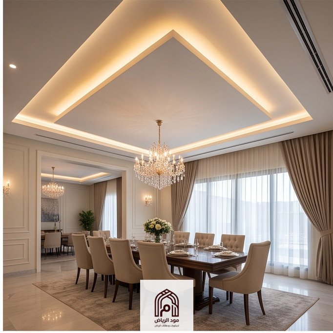سقف جبس بورد عائم (Floating Ceiling) مستطيل الشكل بإضاءة دافئة غير مباشرة، تتوسطه ثريا كريستال فاخرة فوق طاولة طعام طويلة في قصر بالرياض.معلم تركيب جبس بورد بالرياض.