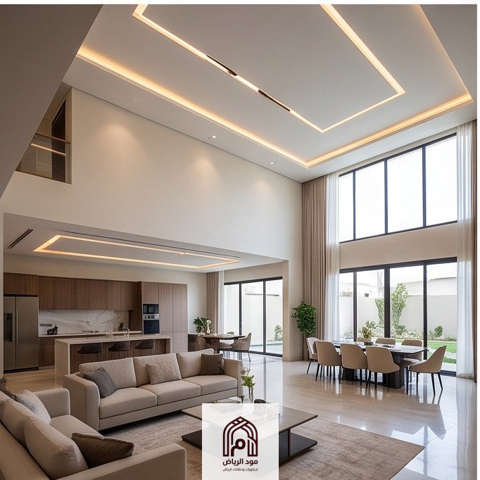 سقف جبس بورد لفيلا ذات ارتفاع مزدوج (Double Height) يجمع بين مستويات متعددة وخطوط إضاءة طولية سوداء ومودرن.