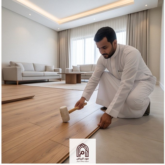 فني يرتدي الثوب السعودي يقوم بتركيب ألواح أرضية الباركيه بدقة باستخدام المطرقة المطاطية في صالة واسعة.معلم تركيب باركيه بالرياض.