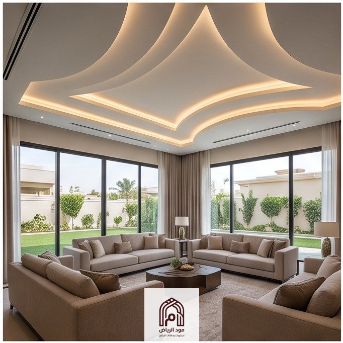تصميم جبس بورد مموج ومنحنٍ (Curved Ceiling) مع إضاءة مخفية ممتدة فوق صالة معيشة عائلية مطلة على حديقة في الرياض.مقاول تركيب جبس بورد بالرياض.